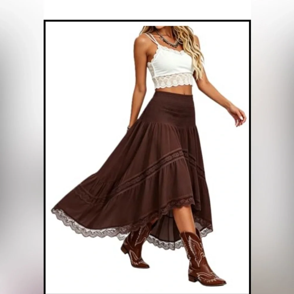 Women's Boho Maxi Skirt High Waist Smocked A-Line Flowy Long Skirt